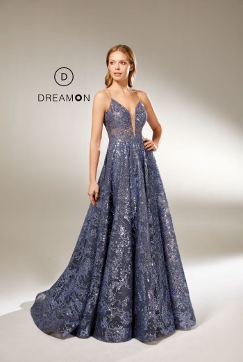 Dantelli Tül İle İşlemeli, A Kesim, Askılı Abiye Modeli